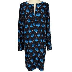 LOFT Floral Tunic Dress Womens Medium Blue Black Long Sleeve Split Neck Shift